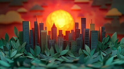 Colorful Paper Cityscape with Sunset and Green Leaves in Artistic Presentation