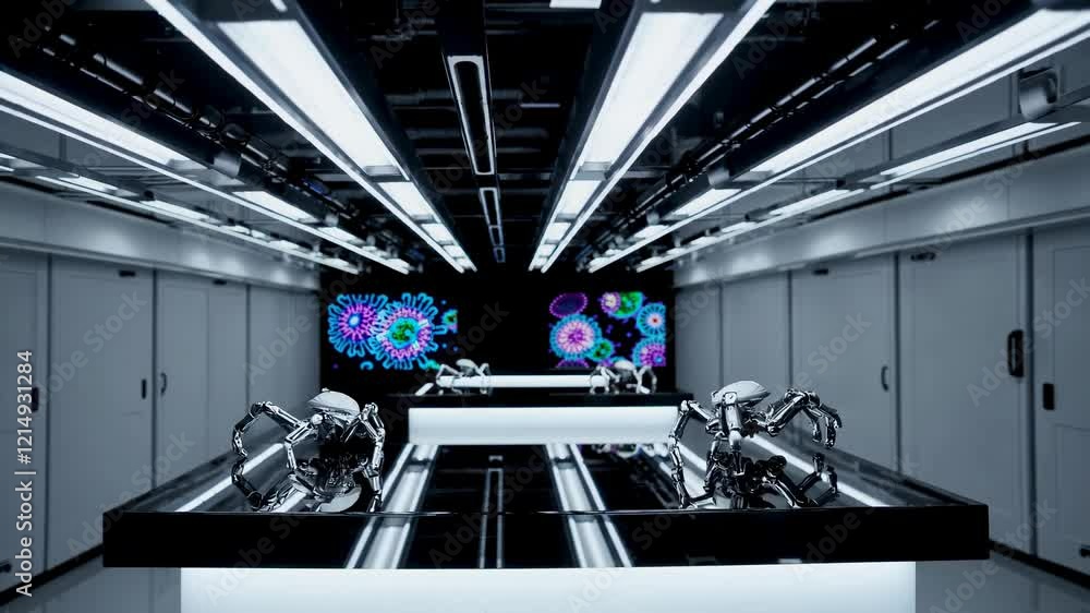 Poster robots explore advanced laboratory with modern technology and innovative design