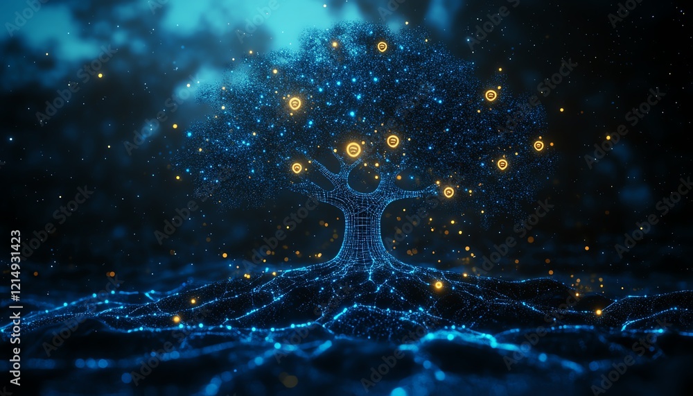 Aufkleber 3d digital linen tree with glowing user symbols on its branches, symbolizing personal data and socia