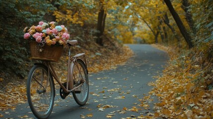 Fototapeta premium Vintage Bicycle with Flower Basket on Autumn Pathway Surrounded by Leaves