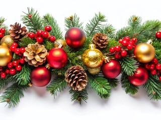 Festive Christmas Garland with Red & Gold Ornaments, Pinecones, and Holly on White Background - PNG