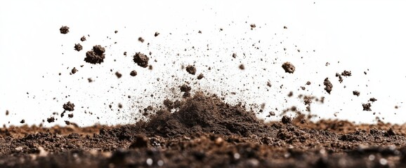 Expulsion of Dark Soil Against White Background: A High-Resolution Image Showing Soil Particles in Motion