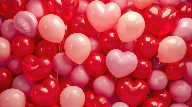 Dense full frame background of romantic pink and red heart and round balloons, perfect for Valentine's Day, weddings, anniversaries, or celebratory designs and textures.