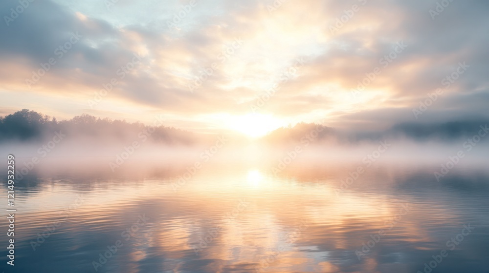 Poster a calm lake at sunrise with light rays filtering through the mist and gently reflecting off the surf