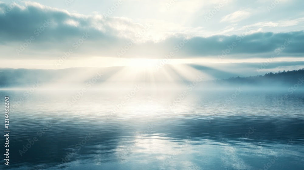Poster a calm lake at sunrise with light rays filtering through the mist and gently reflecting off the surf