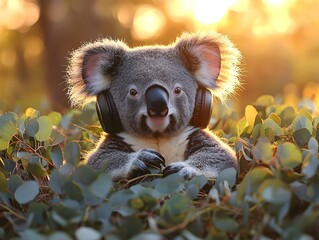 Chilled Out Koala Wearing Oversized Headphones Amid Dreamy Eucalyptus Sunset