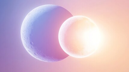 A close-up of a bright sun and a glowing moon sharing the same sky, with their outlines visible against a soft gradient of twilight blue and lavender. 