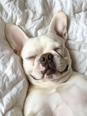 Adorable Sleeping French Bulldog with Peaceful Expression on White Bedding, Relaxing and Enjoying a Cozy Moment in a Comfortable Home Environment
