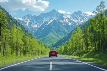 Fototapeta premium Driving an electric car on a spring road in beautiful natural scenery