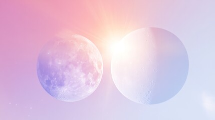 Obraz premium A close-up of a bright sun and a glowing moon sharing the same sky, with their outlines visible against a soft gradient of twilight blue and lavender. 