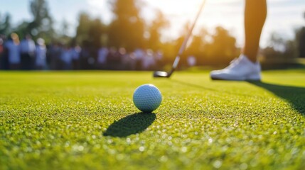 A golfer lines up their shot, aiming for the hole on the green as the crowd watches with anticipation