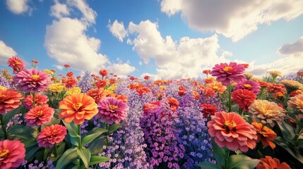 Obraz premium Vibrant Blooming Field of Colorful Flowers Under Blue Sky