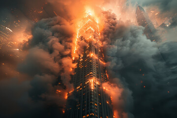 Fototapeta premium Skyscraper in Flames During Dramatic Urban Disaster Event