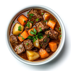 Hearty beef stew with potatoes and carrots in a bowl. A comforting and delicious meal.