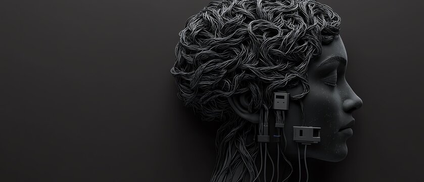 3D rendering of an abstract head and brain outline made of USB cable on a wide black background, symbolizing anxiety and power, with mockup space