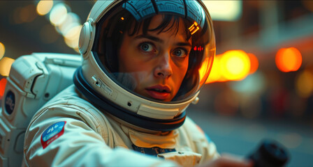Surprised Astronaut Gazes Out at Cityscape | Futuristic Space Exploration Portrait