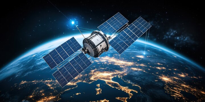 A high-tech satellite equipped with solar panels orbits Earth, showcasing the stunning view of illuminated landmasses against the backdrop of space and distant stars.