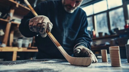 A craftsman polishes a handmade hockey stick in a workshop, showcasing the traditional methods of equipment creation