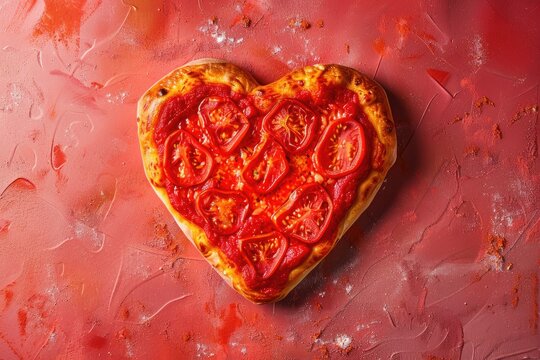 Delicious fresh heart-shaped pizza with rich tomato sauce and sliced tomatoes, presented on a vibrant red backdrop. Flat lay, symbolizing love and passion. - Powered by Adobe