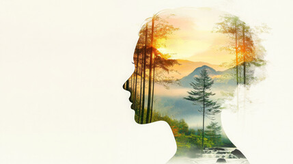 stunning double exposure of yogi profile with serene landscape featuring mountains, trees, and river, evoking sense of peace and connection to nature
