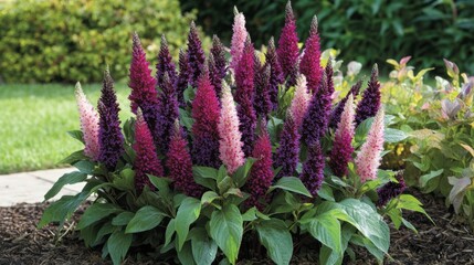 Vibrant Flowering Plants in Garden Bed with Lush Green Background