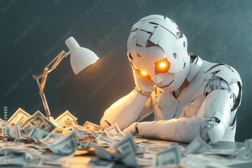 Poster a 3d-rendered image of a person sitting at a desk covered in bills, with their head resting on their
