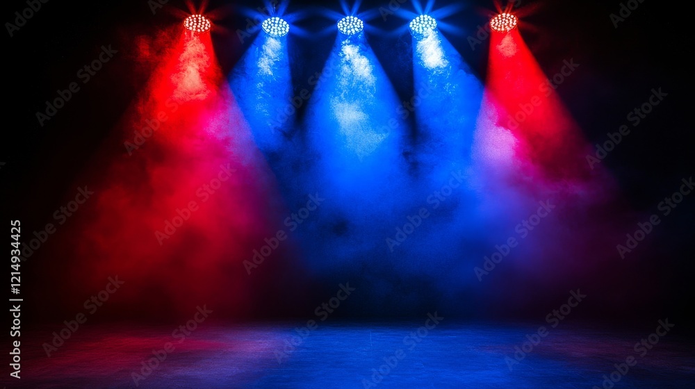 Poster an empty stage illuminated by vibrant spotlights or several high-intensity projectors to create stri