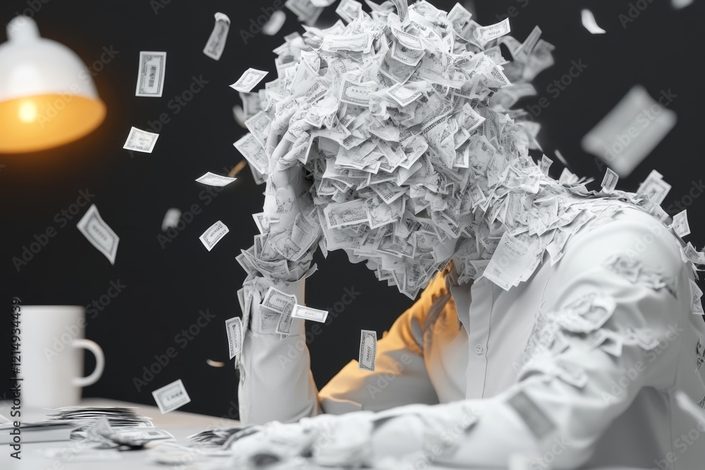 Poster a 3d-rendered image of a person sitting at a desk covered in bills, with their head resting on their