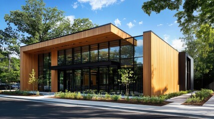 Fototapeta premium Modern Wood and Glass Building with Greenery