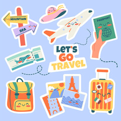 Travel kawaii stickers elements hand drawn with lettering