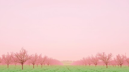 Obraz premium Vibrant Orchards: Dreamy Pink and Yellow Stripes Across Farmland Horizon Cinematic Landscape