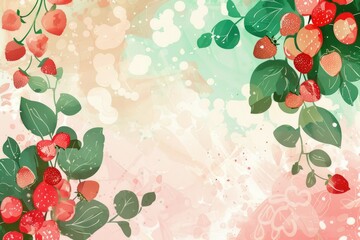 Watercolor strawberry and green leaves border illustration. Summer fruit frame background with abstract textured washes of pink, peach, and mint green colors. Decorative banner design.
