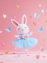 Adorable cartoon bunny in a blue tutu surrounded by colorful butterflies and heart-shaped decorations on a soft pink background. Love postcard, kids design, greeting card, easter theme