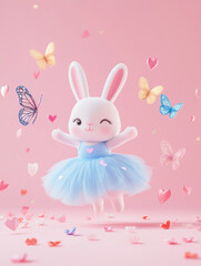 Adorable cartoon bunny in a blue tutu surrounded by colorful butterflies and heart-shaped decorations on a soft pink background. Love postcard, kids design, greeting card, easter theme