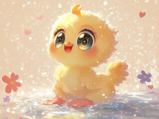 Adorable baby chick with big sparkling eyes and a happy expression, surrounded by delicate pastel flowers and floating hearts. Anime kawaii style. Easter postcard