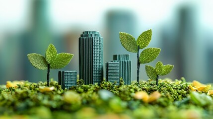 Green Urban Landscape with Model Buildings and Leaves on Moss Background for Sustainability Concepts