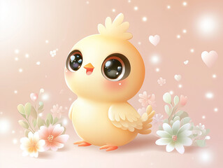 Adorable baby chick with big sparkling eyes and a happy expression, surrounded by delicate pastel flowers and floating hearts. Anime kawaii style. Easter postcard