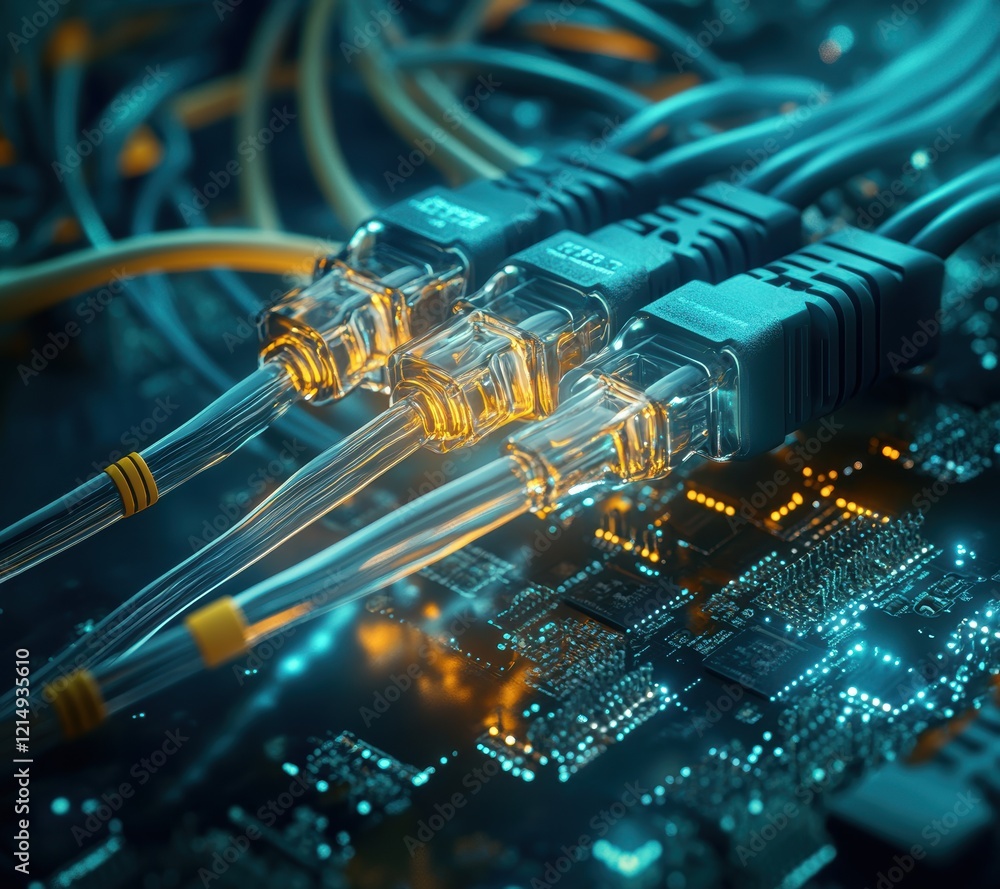 Aufkleber explore the intricate details of networking technology with a close-up view of illuminated cables an