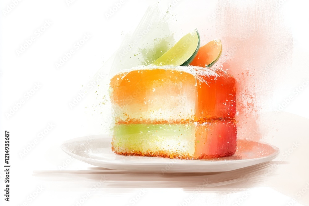 Poster a bright and playful depiction of a slice of zucchini bread on a plate, drawn with soft lines and vi
