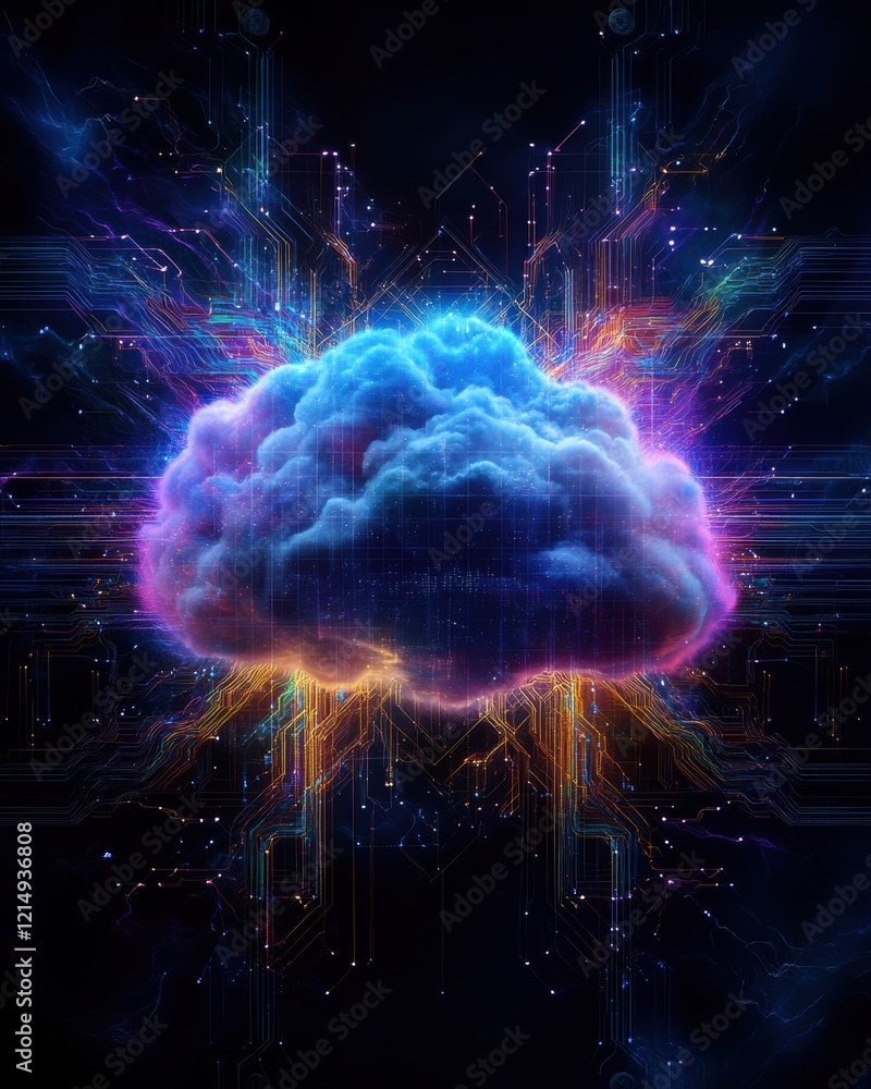 Poster a stunning visualization of a vibrant cloud intertwined with abstract circuitry, symbolizing the con