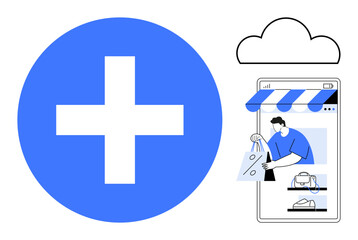Large blue plus sign beside person receiving packages from an online store on smartphone with storefront awning. Ideal for e-commerce, online shopping, safety, convenience, digital retail, customer