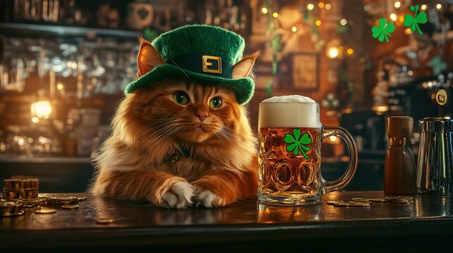 Adorable cat in leprechaun hat at cozy pub bar counter with mug of beer and shamrocks celebrating st. patrick's day