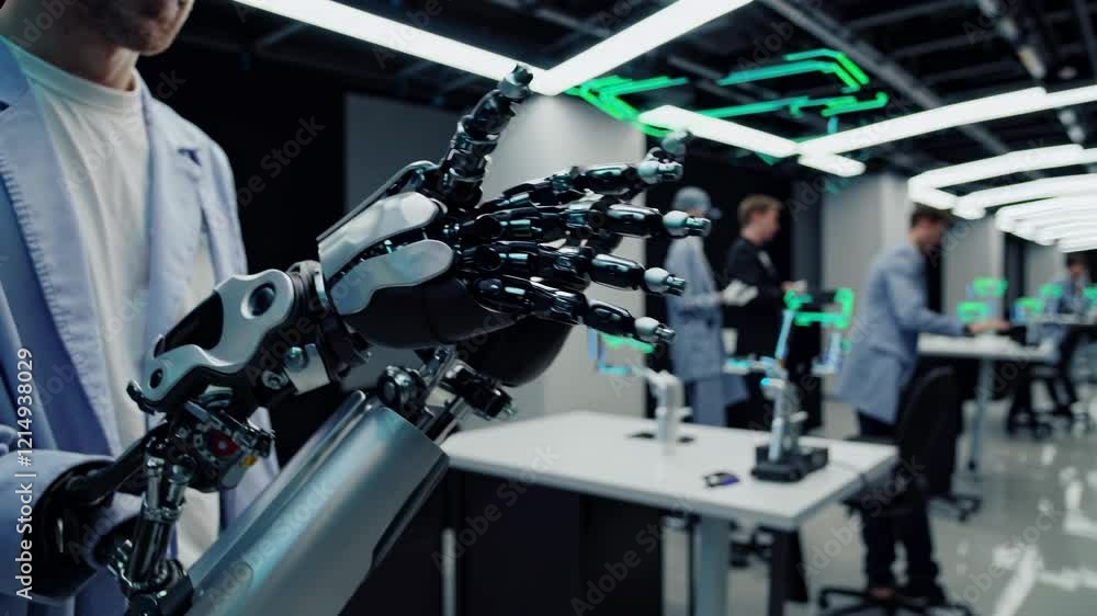 Poster technological advancements in robotics showcased in modern lab environment with engineers