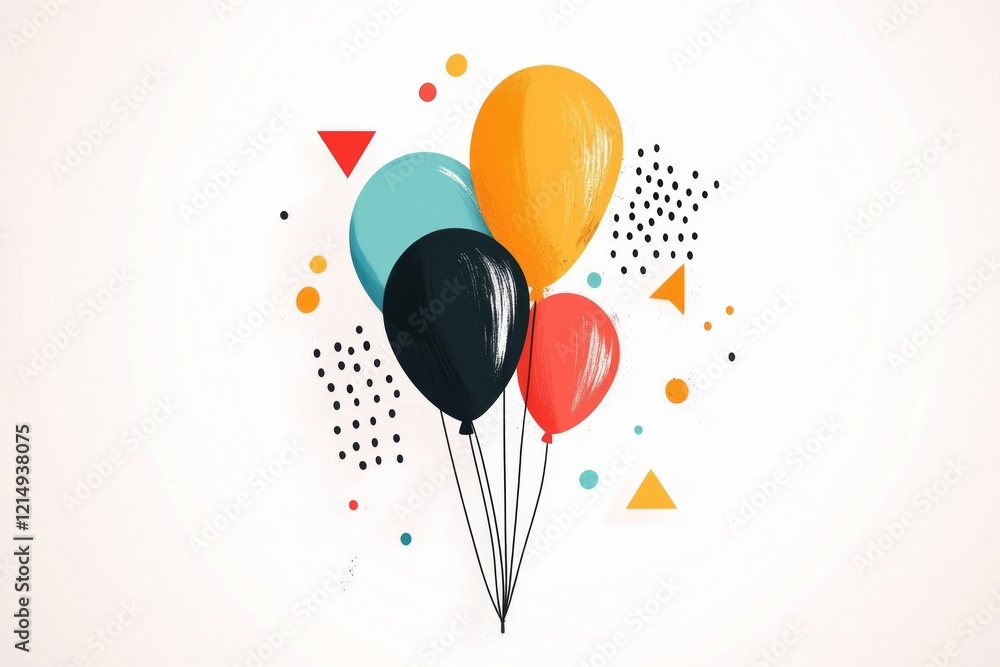 Poster a clean geometric design of a balloon floating upwards, with soft pastel colors and simple shapes