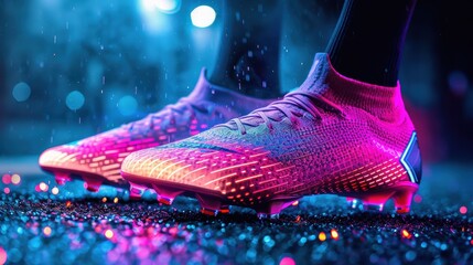 A close-up of futuristic soccer cleats in vibrant neon pink and purple hues, showcased in the rain under dramatic lighting. Water droplets glisten on the textured surface of the shoes