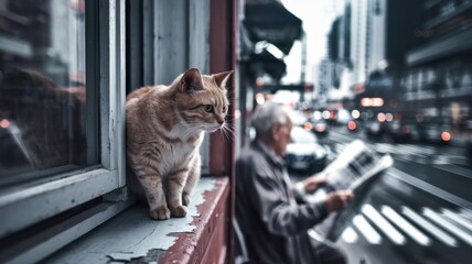 Retirement pet adoption loneliness lifestyles concept. Cat perched on a window ledge while an elderly man reads a newspaper in a busy cityscape.