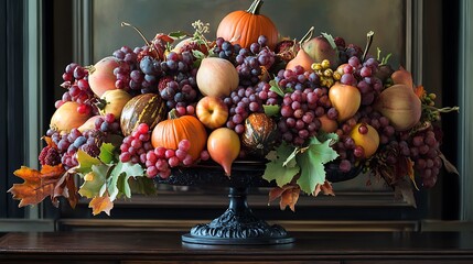 A bountiful autumn harvest in a black pedestal bowl with grapes, pumpkins, and other fall fruits.