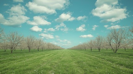 Obraz premium Tranquil Winter Scenery of White Petal Orchard in Geometric Layout Under Clear January Sky, Ultra-Detailed Cinematic Image