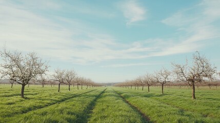Fototapeta premium Tranquil White Petal Orchard in Neat Squares Under a Cool January Sky - Cinematic Ultra-Detailed Image