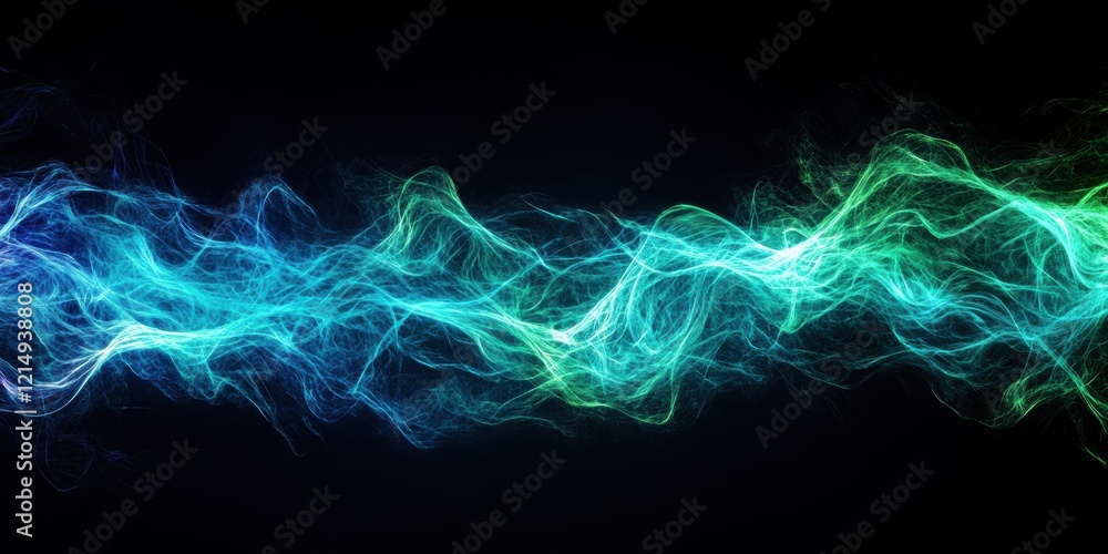 Poster a stunning visual of flowing blue and green energy waves, creating a mesmerizing abstract design aga